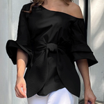Flared Sleeves Asymmetric Knot Solid Color One-shoulder Blouses&shirts Tops