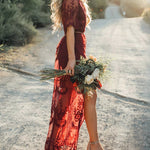 Floral Lace Maxi Dress V Neck Short Sleeve Boho Wedding Bridesmaid Evening Party Beach Slit Flowy Long Dresses