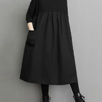 Simple Loose Black Split-Joint Long Sleeves Midi Dress