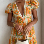 Orange V-neck Square Print Wavy Maxi Skirt