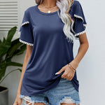 Pom-Pom Trim Flutter Sleeve Round Neck Tee Casual Blouses Tops