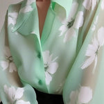Puff Sleeves Floral Printed Gauze Pleated See-Through Split-Joint Lapel Blouses&Shirts Tops