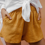 Elastic Waist Cotton Linen Wide Leg Shorts with Pocket