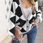 V-neck Diamond Stitching Contrast Color Loose Knitted Cardigan Jacket for Women