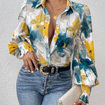 Long Sleeves Loose Buttoned Elasticity Flower Print Pleated Lapel Blouses&Shirts Tops