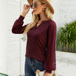 Nadorine V Neck Tops Solid Color Blouse Long Sleeve Pullover Lace Patchwork Shirt