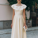 Ruffled Neckline Cap-Sleeve A-Line Midi Dress