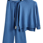 Urban Long Sleeves Solid Color Half Turtleneck Sweater Tops & Wide Leg Pants Two Pieces Set