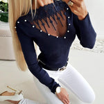 Pearls Decor Boat Neck Crochet Lace Trim Sheer Mesh Spliced Sweater Slim Fit Knit Top