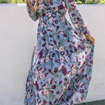 Light Blue Floral Print Ruffle Trim Maxi Dress