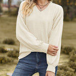 V-Neck Solid Color Twisted Knit Long Sleeve Loose T-Shirt Tops
