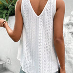 Women's V Neck Tank Top Eyelet Embroidery Sleeveless Tee Frill Hem Backless Contrast Patchwork Summer Top
