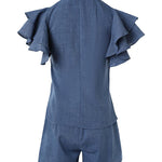 Women's Denim Look Two Piece Set Ruffle Short Sleeve Tie Neck Top and High Waist Shorts Casual Matching Set