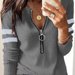 Striped Print Zipper Front Long Sleeve Top  Waffle Knit Loose Fitting Tunic Tops
