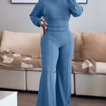 2 Pieces Outfit O-neck Long Sleeve Cinched Waist Sweatshirt and Elastic Waist Wide Leg Pants Set Casual Seam Design Sweatpants Set