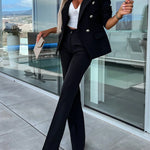 2 Pieces Outfit Notched Collar Double-Breasted Flap Detail Coat and Zipper Fly Elastic Back Waist Slim Fit Flared Pants Set Casual Blazer Set