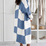 Women's Checkerboard Knit Cardigan Oversized Long Chunky Sweater Loose Lantern Sleeve Coat with Pockets
