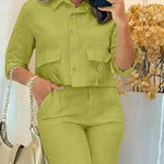 2 Pieces Outfit Turn-down Collar Turn-Up Sleeves Button Front Flap Pockets Design Top and Causal Zipper Fly Elastic Back Waist Wide Leg Pants Set