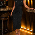 Women's Glitter Sleeveless Shoulder Pad Wrapped Slit Dress Twist Front Ruched Bodycon Evening Gown