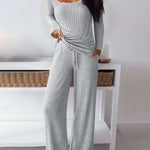 Women's Ribbed Knit Lounge Set Lace Trim Square Neck Long Sleeve Top and Straight Leg Drawstring Pants with Pockets
