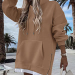 Long Sleeve Kangaroo Pocket Design Zipper Side Pullover Sweatshirt Casual Faux Two Piece Side Slit Longline Drawstring Hoodie Top