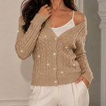 Women's Sequin Cable Knit Cardigan V Neck Button Down Slim Fit Long Sleeve Sweater