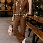 Women's 2 Piece Cable Knit Tracksuit Baseball Collar Crop Coat and High Waist Pants Set