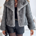 Turn-down Collar Long Sleeve Faux Fur Coat Jacket Casual Warm Fluffy Cropped Coat
