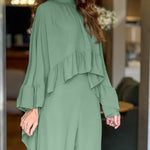 2 Pieces Outfit High Neck Hollow-out Back Ruffles High-Low Hem Cape and Casual Elastic Back Waist Wide Leg Pants Set