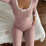 Women's 2 Piece Ribbed Lounge Sets Lace Trim Long Sleeve Top and High Waisted Pants Pajamas Sets with Pockets