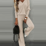 2 Pieces Outfit Button Decor V-Neck Long Sleeve Top and Elastic Waist Straight Leg Pants Set Casual Ribbed Set