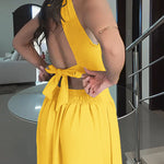 Halter Sleeveless Tied Detail Shirred Criss Cross Flared Dress Glamorous Evening Dress
