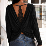 Women's Long Sleeve Knit Top Backless Twist Lace Panel Casual Tee