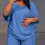 Women's Textured 2 Piece Outfits V Neck Drawstring Ruched Top and Wide Leg Pants Set Casual Loose Loungewear