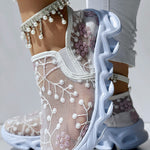 Floral Pattern Sheer Mesh Patch Round Toe Sneakers