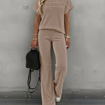 Women's 2 Piece Knit Set Lace Patchwork Short Sleeve Top and Wide Leg Pants Casual Ribbed Brushed Lounge Set