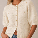 Women's Boucle Knit Cardigan Gold Beaded Puff Sleeve Sweater Crewneck Button Up Elegant Crop Outerwear