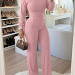 2 Pieces Outfit O-neck Long Sleeve Cinched Waist Sweatshirt and Elastic Waist Wide Leg Pants Set Casual Seam Design Sweatpants Set
