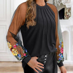 Floral Embroidery Round Neck Lantern Sleeve Blouse Sexy Sheer Mesh Patch Ruched Top