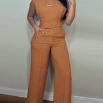 2 Pieces Outfit 3D Cutting Decor Design Cap Sleeve Hollow-out Back Crop Top and Casual Zipper Fly Seam Front Straight Pants Set