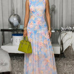 Women's Floral Print Mesh Maxi Dress Sleeveless Round Neck Ruched Bodycon Dress Flowy Vacation Dress