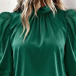 Women's Satin Blouse Mock Neck Puff Sleeve Shirt Back Tie Bow Elegant Ruched Shirt Shirred Frill Cuff Work Top