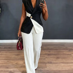 Women's Colorblock 2 Piece Suit Asymmetric Blazer Vest and High Waisted Straight Leg Pants Elegant Business Outfit