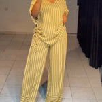 Women's Striped 2 Piece Outfits V Neck Short Sleeve Drawstring Top and Wide Leg Pants Set with Pockets