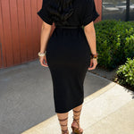 Women's Mock Neck Ribbed Knit Midi Dress Short Sleeve Turn-Up Cuffs Work Dress with Belt
