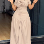 Single Breasted Decor Cowl Neck Short Sleeve Cinched Waist Maxi Dress Elegant Zipper Back Ruched Party Dress