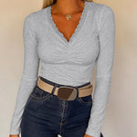 Women's Lace V Neck Ruched T Shirt Slim Fit Long Sleeve Tee Casual Elegant Top