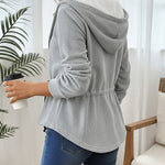Women's Hooded Drawstring Waist Jacket Casual Zip Up Curved Hem Coat