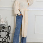 Cable Textured High Neck Lantern Sleeve Bow Tie Waist Sweater Casual High Slit Knit Longline Top