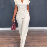 Women's 2 Piece Outfits V Neck Twist Front Slit Top and High Waisted Straight Leg Pants Set Commute Business Casual Suit